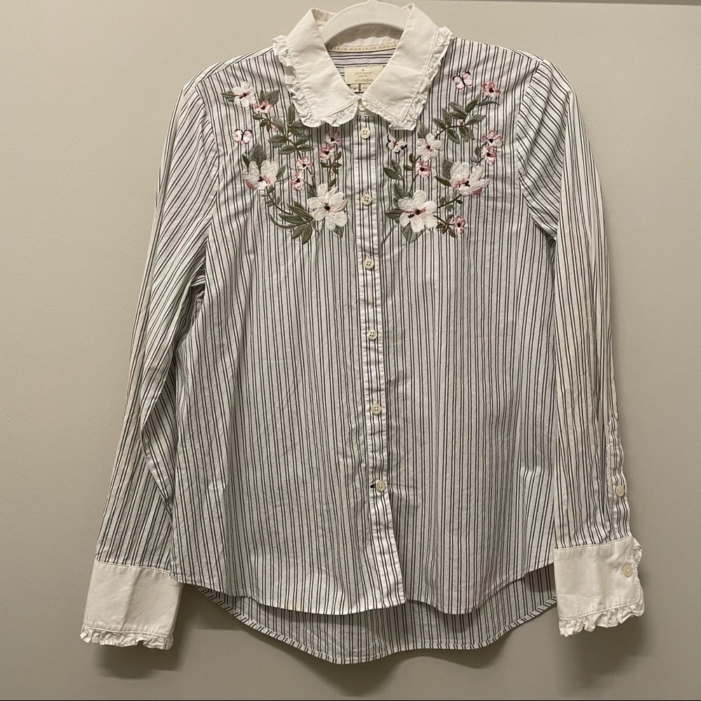 Kate Spade Embroidered Stripe Ruffle Top | M